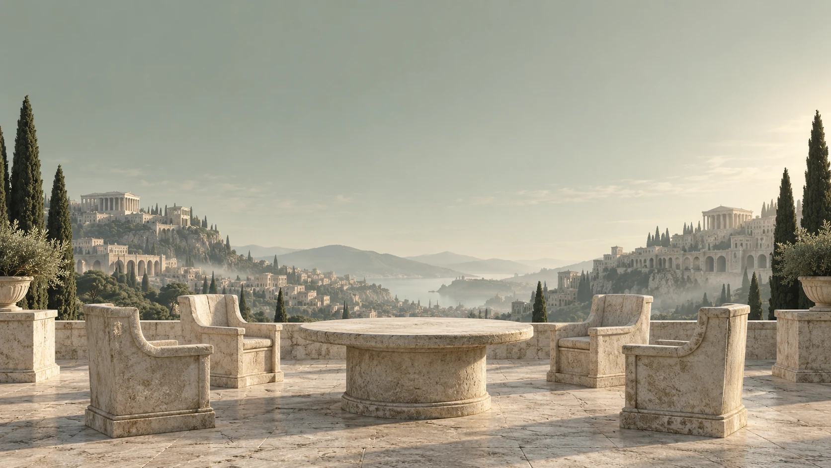 Four stone council seats on a terrace overlooking a classical city and cypress gardens