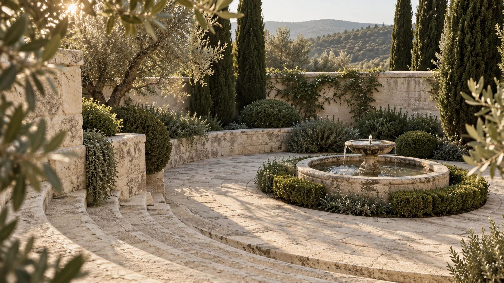 Curved limestone steps around a quiet garden fountain and cypress trees